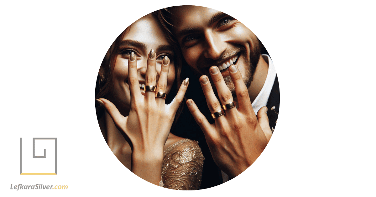 a newlywed couple showing off their handmade gold wedding bands, their faces filled with joy.
