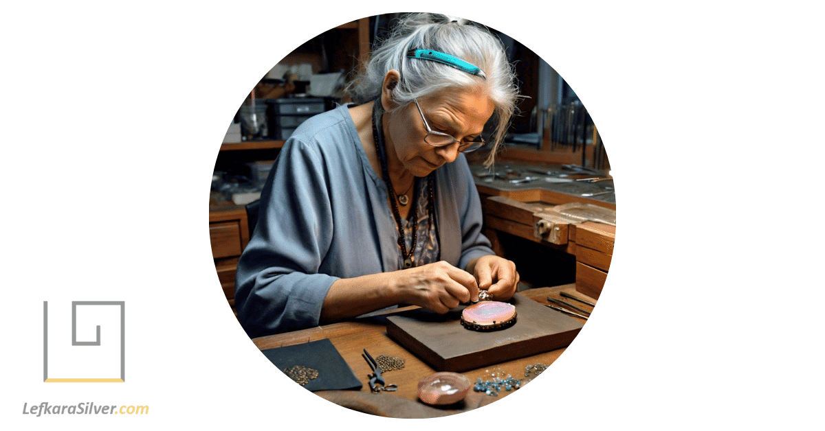 a skilled artisan carefully crafting a Peruvian pink opal bracelet, her tools spread out on her workbench.
