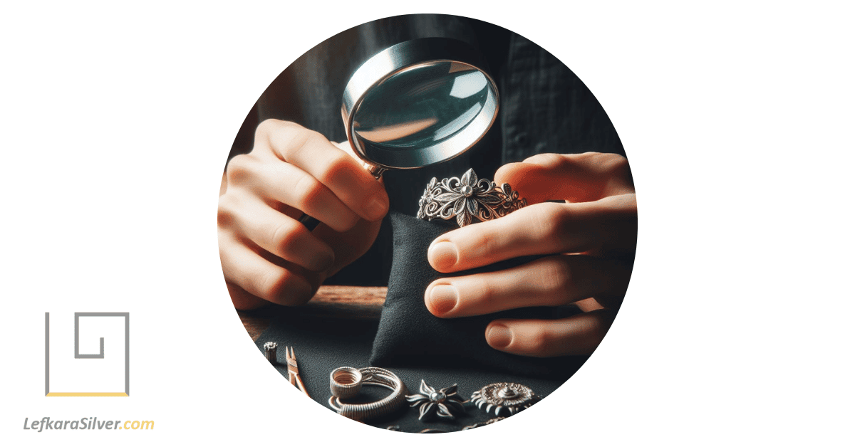 a person holding a magnifying glass examining a piece of handmade silver jewelry, highlighting the intricate details and craftsmanship.
