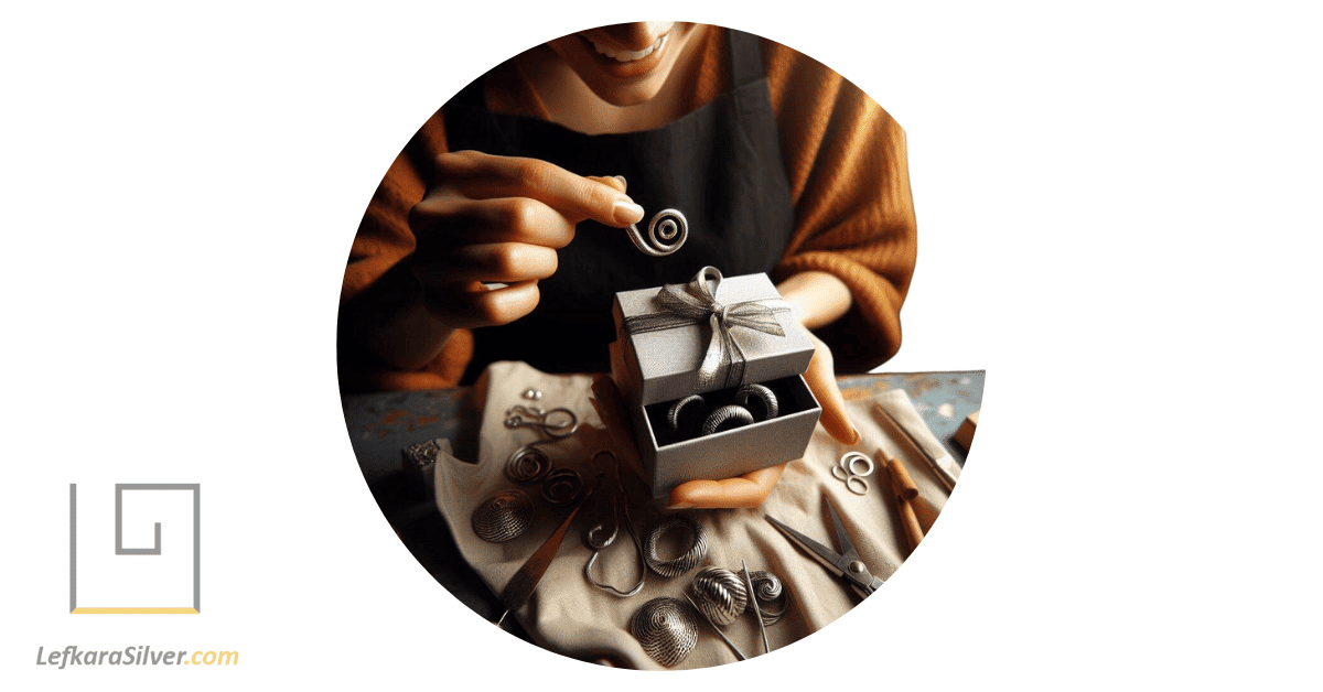 a person joyfully unwrapping a gift box revealing a stunning piece of handmade silver jewelry.
