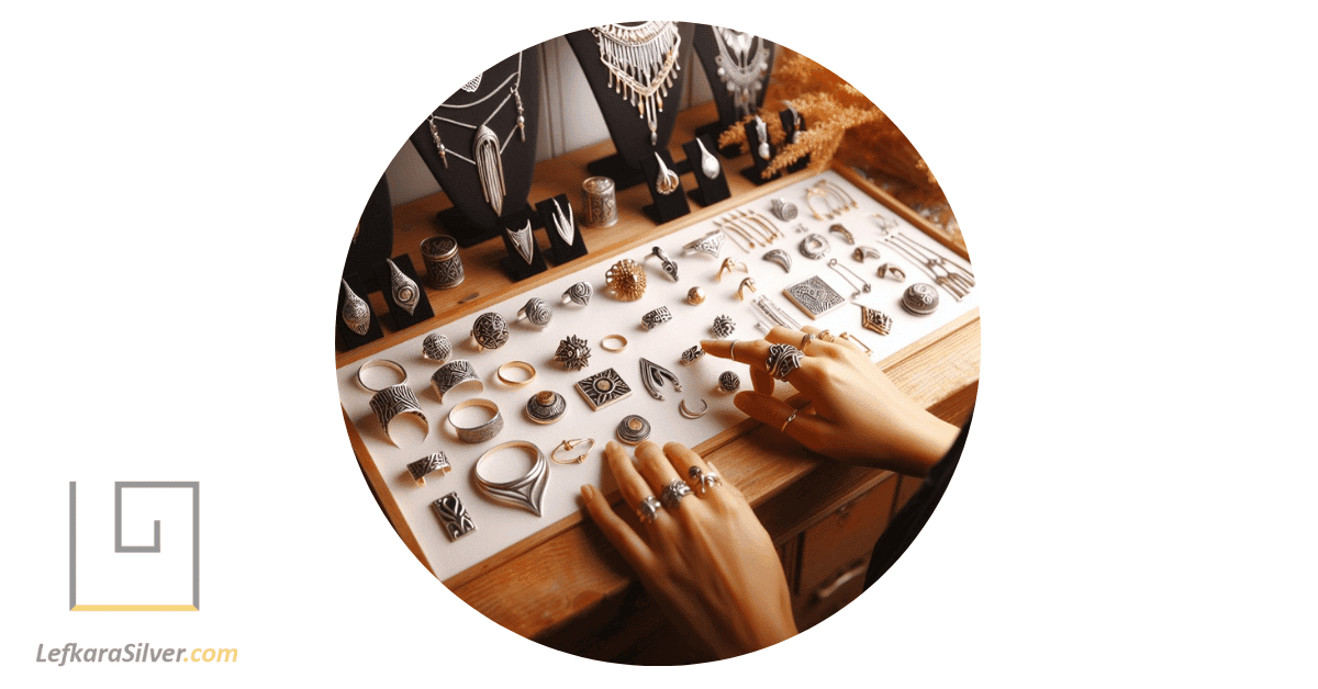 a person admiring a display of various handmade sterling silver jewelry pieces, each with unique designs and patterns.
