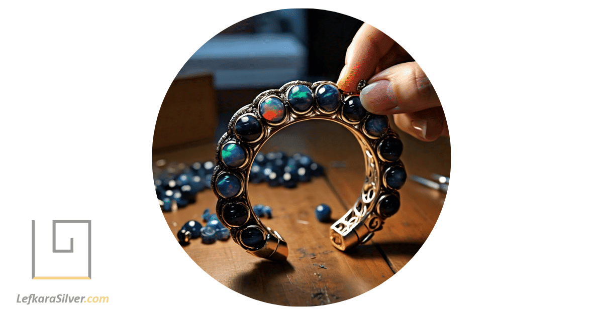 a person skillfully incorporating opal beads into a bracelet, with various jewelry making tools spread out on the table.
