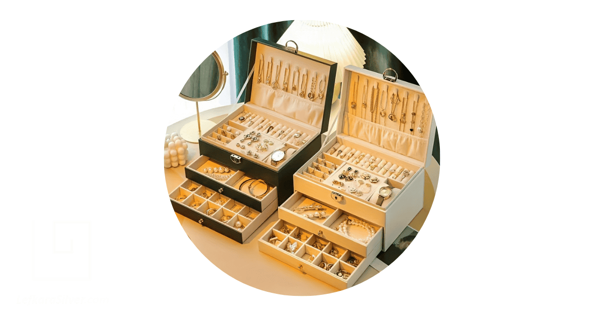 a black and a white opened jewelry boxes with several pieces of jewelry inside each