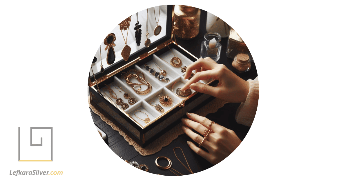 a person arranging necklaces and earrings on an elegant jewelry display stand.
