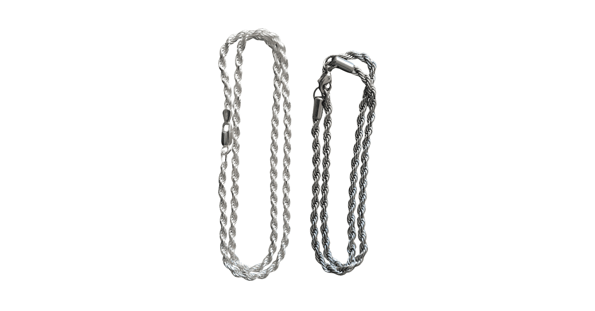 a stainless steel necklace and a sterling silver.