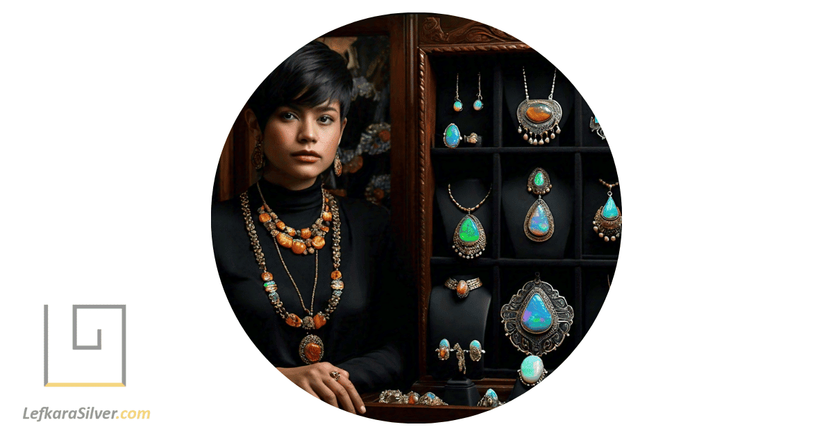 a person showcasing a variety of top designs in Mexican opal jewelry, each piece unique and captivating.
