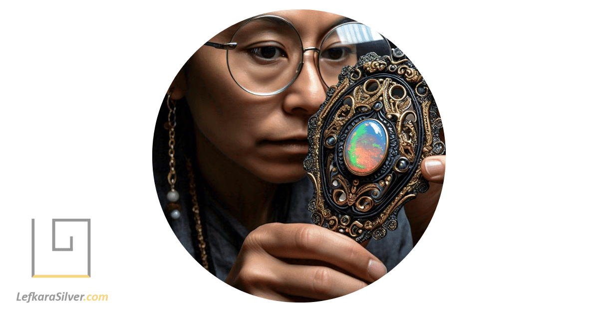 a person holding a magnifying glass, examining the intricate details of a Mexican opal jewelry piece, showcasing its fascinating aspects.

