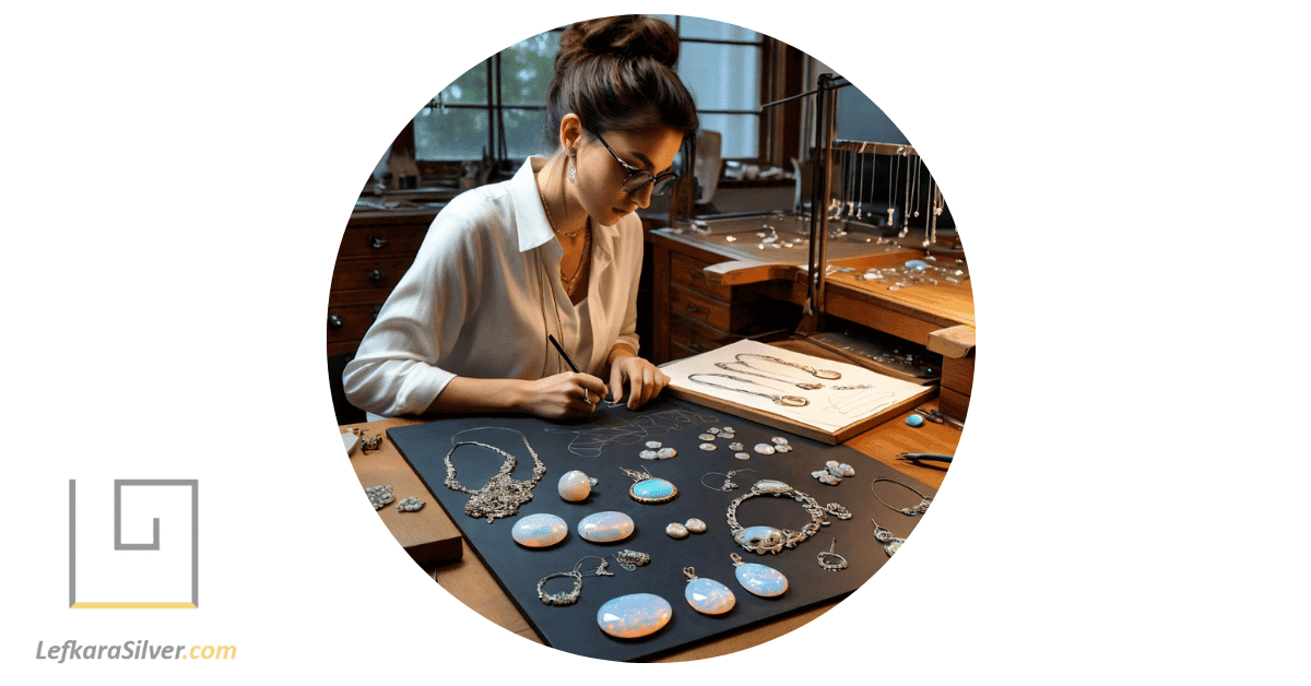 a jewelry designer sketching popular natural opal jewelry designs on a drawing board.
