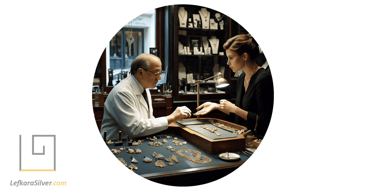 a person discussing natural opal jewelry FAQs with a jeweler in a jewelry store.