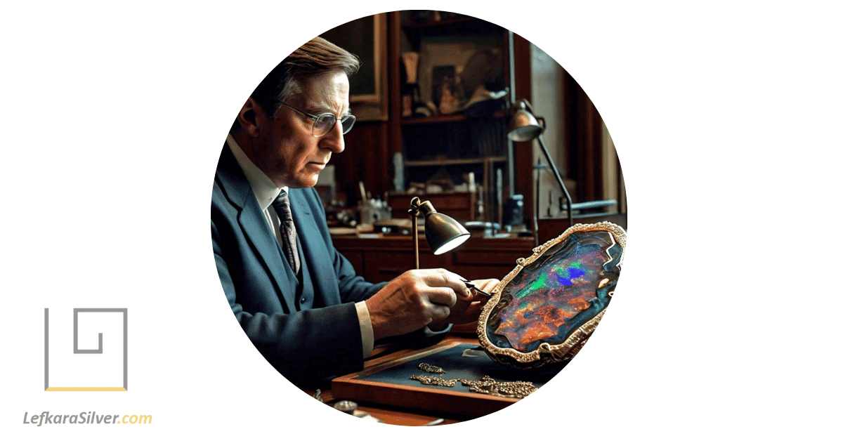a man holding a magnifying glass, examining a piece of natural opal jewelry, showcasing its unique features.
