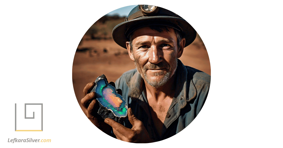 a miner in Australia, holding a freshly unearthed opal, the raw beauty of the gemstone visible even in its uncut form.
