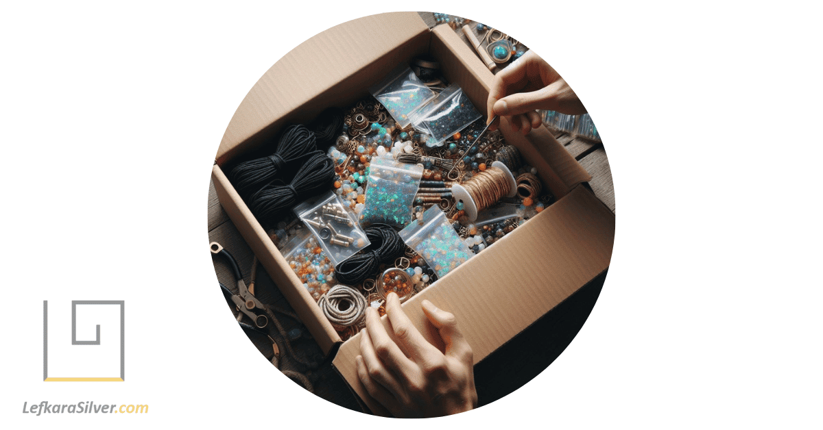 a person unpacking a box filled with essential supplies for opal bead jewelry making, such as strings, clasps, and a variety of opal beads.
