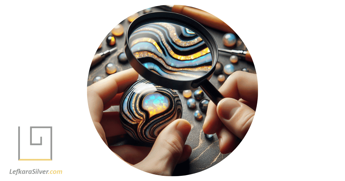 a person holding a magnifying glass, examining the unique patterns and colors of an opal bead.

