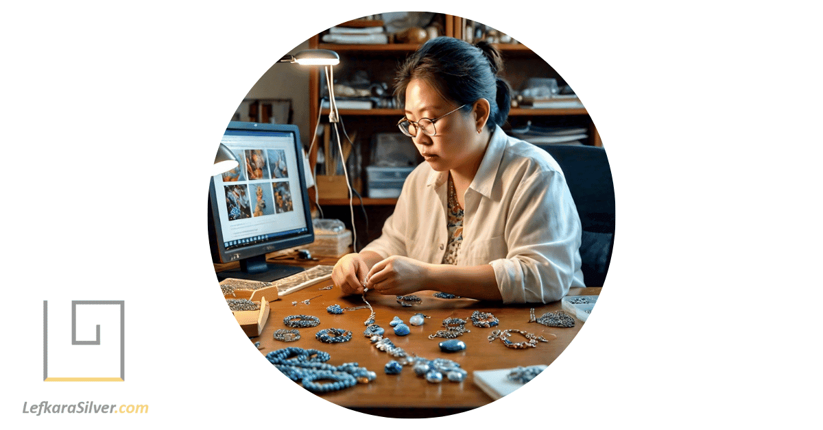 a person sitting at a desk, surrounded by opal bead jewelry pieces, as they answer questions about opal bead jewelry making in an online forum.