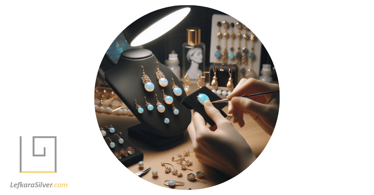 a person designing a pair of earrings, with opal beads as the centerpiece, against a backdrop of a well-lit jewelry design studio.
