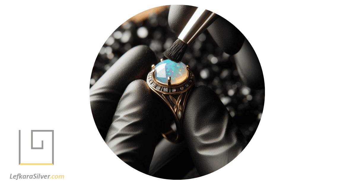 a person carefully cleaning an opal ring, the gemstone gleaming brightly after the cleaning process.
