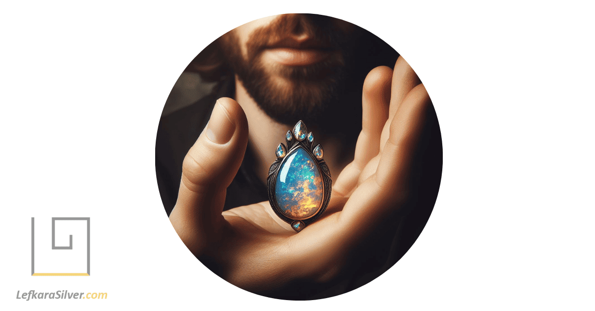 a man holding a large opal, its myriad colors reflecting interesting facts about opal jewelry.
