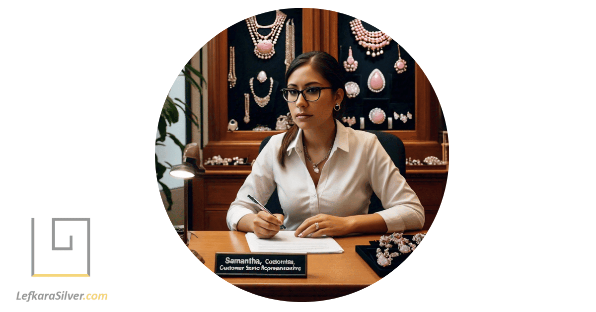a customer service representative answering FAQs, a display of various Peruvian pink opal jewelry pieces behind her.