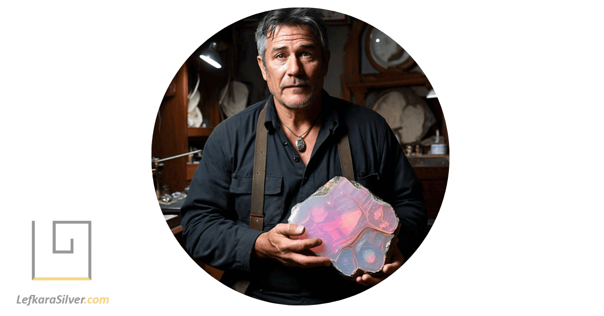 a geologist holding a raw Peruvian pink opal, the stone's unique patterns visible in the light.
