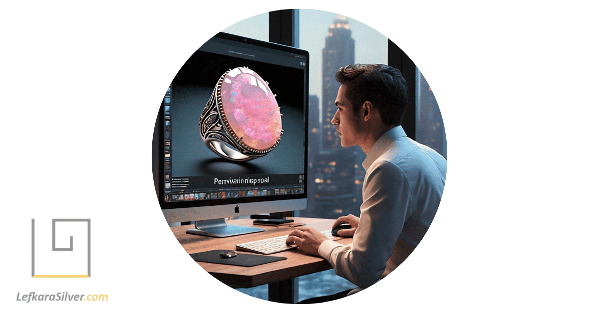 a man browsing an online store on his computer, a detailed Peruvian pink opal ring displayed on the screen.
