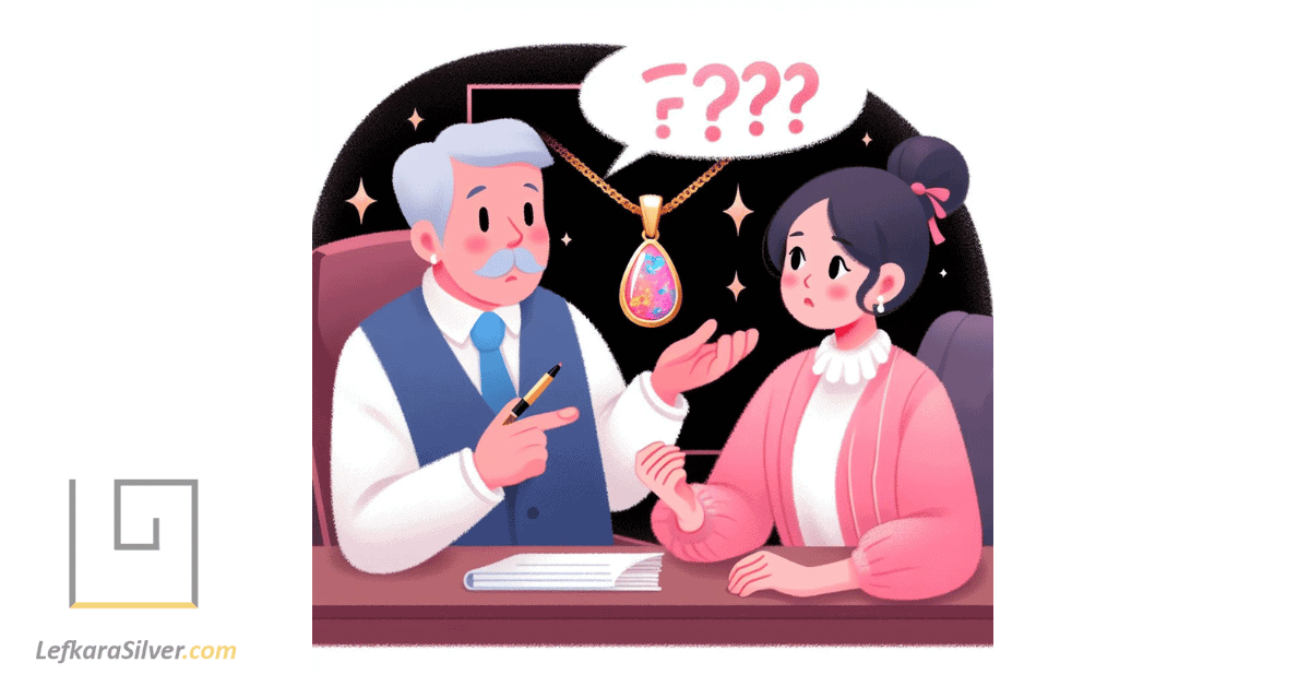a curious customer asking a jeweler questions about a pink opal pendant, representing common FAQs about pink opal jewelry.