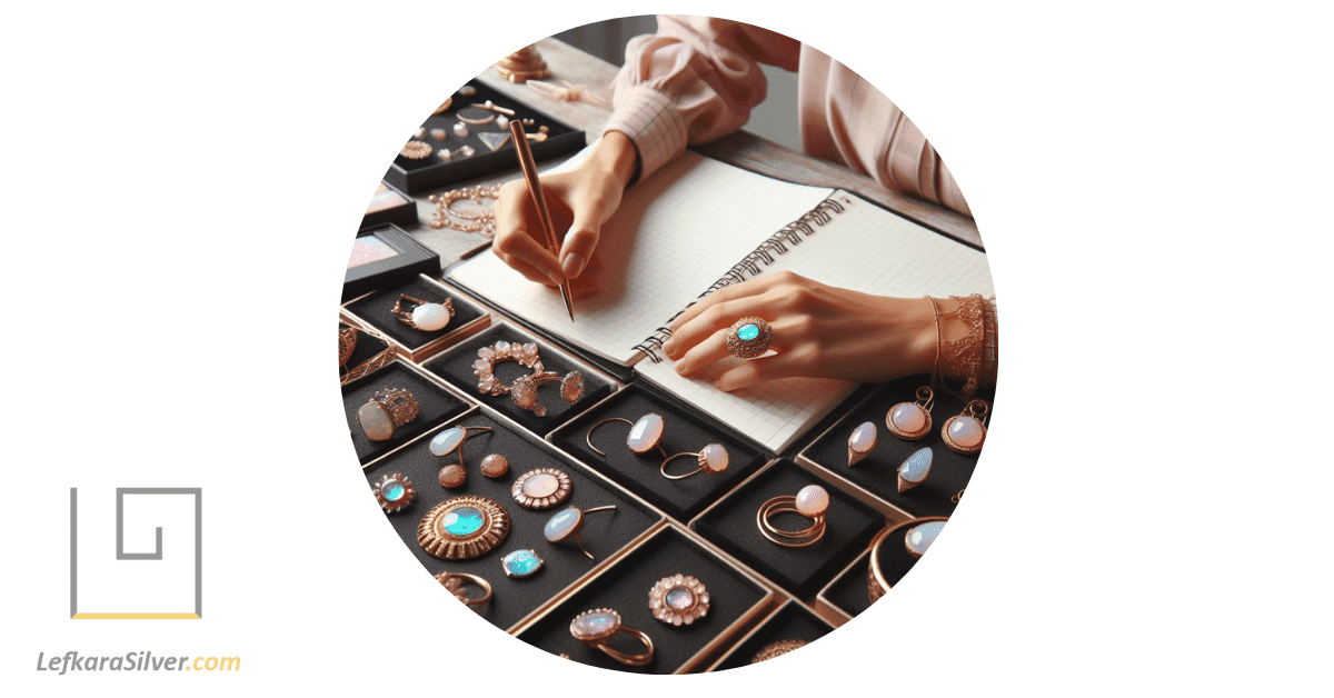 a jewelry designer studying various pieces of pink opal jewelry, forecasting future trends.
