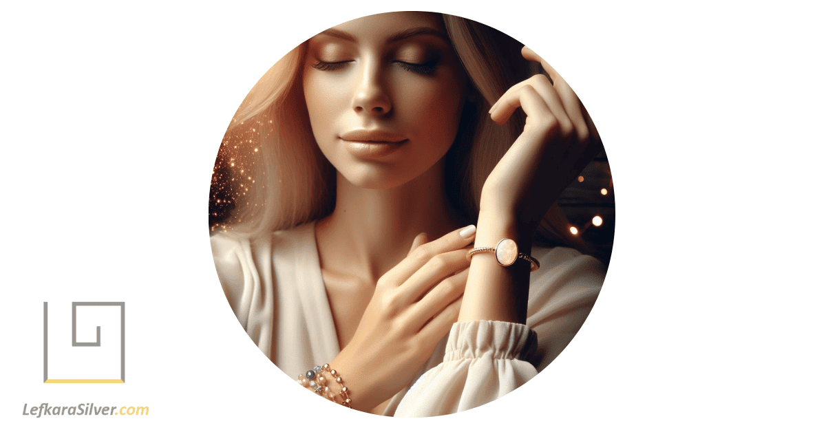 a person feeling peaceful and healed while wearing a pink opal bracelet, symbolizing the healing properties of pink opal jewelry.
