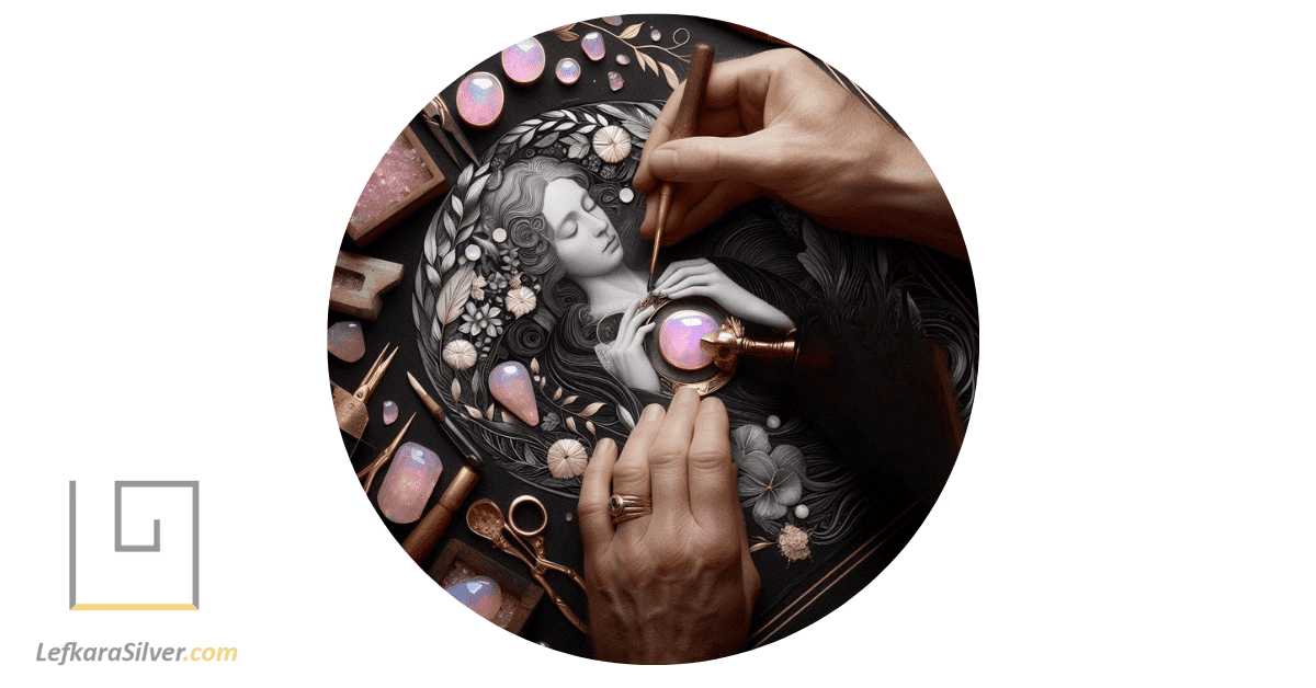 an artisan crafting a piece of pink opal jewelry, illustrating the story behind its creation.
