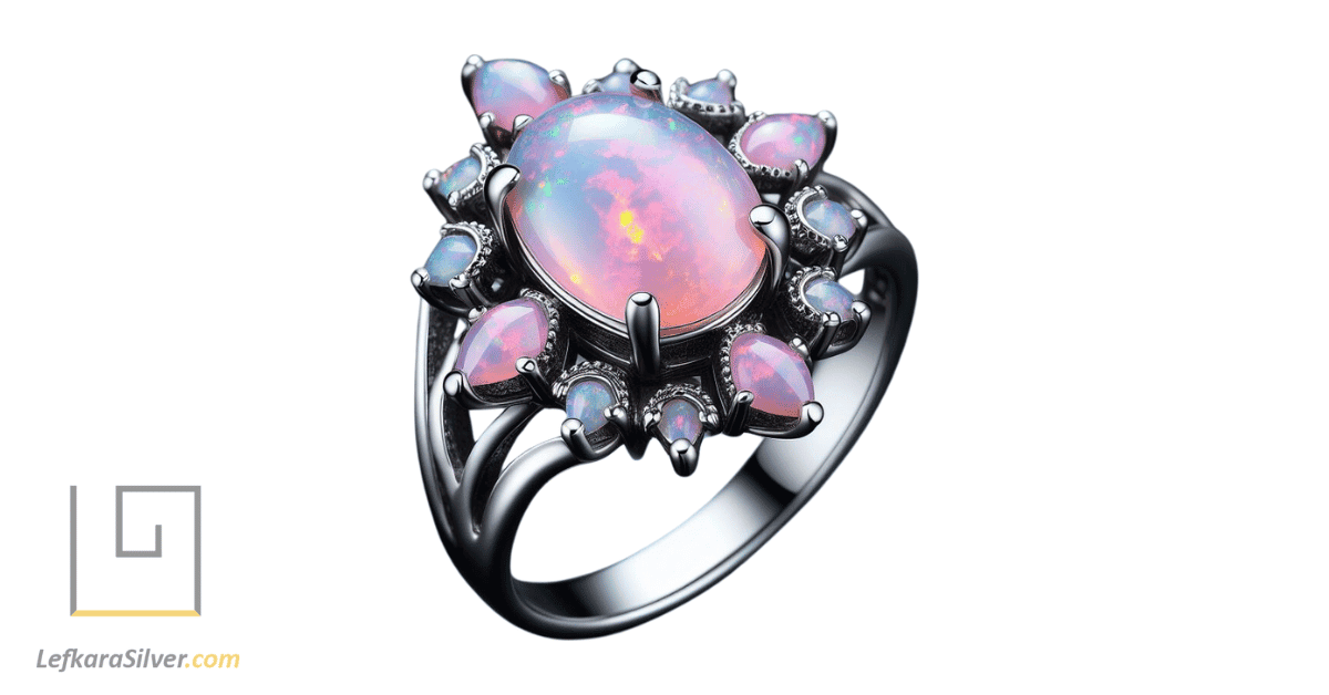 a stunning pink opal ring set in silver, the silver setting enhancing the opal's natural beauty.
