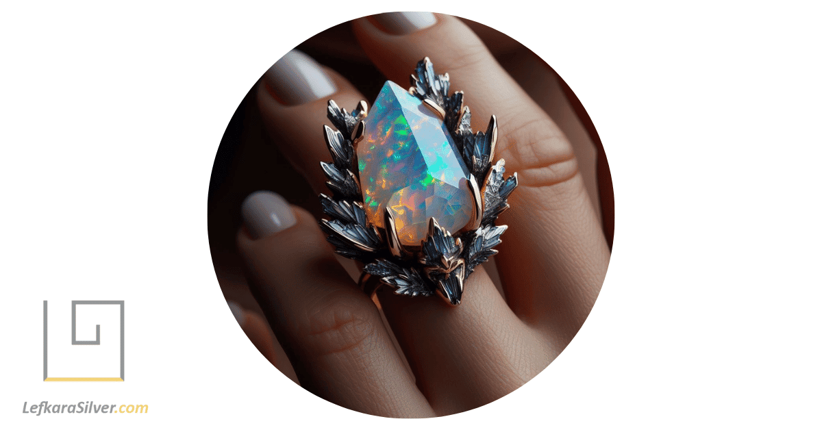 a person wearing a stunning raw opal ring, the gem catching the light and reflecting a rainbow of colors.
