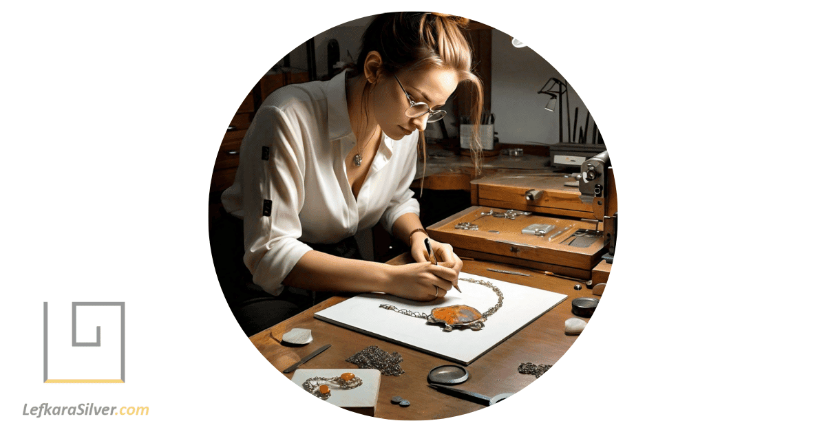 a jewelry designer sketching a unique raw opal necklace design.
