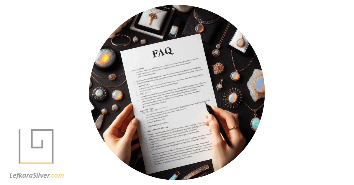 a person holding a FAQ sheet about raw opal jewelry, with various pieces of raw opal jewelry spread out on the table in front of them.
