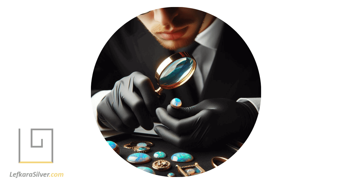 a gemologist examining a piece of real opal jewelry under a magnifying glass, revealing its unique patterns and colors.
