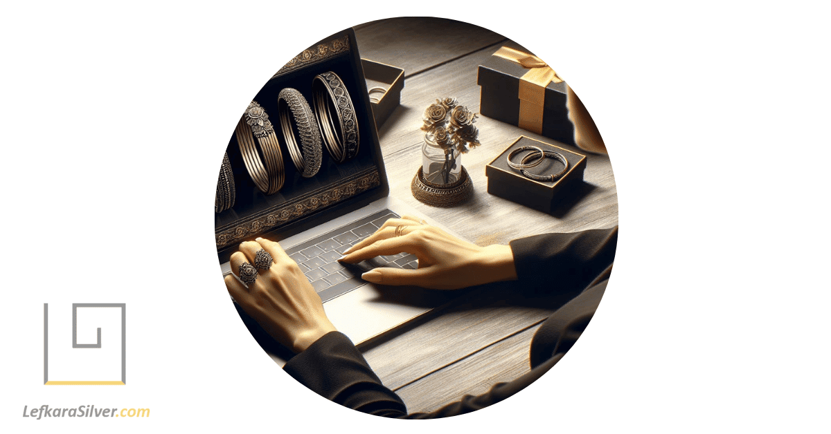 a woman admiring a collection of antique silver bangles displayed on a laptop screen
