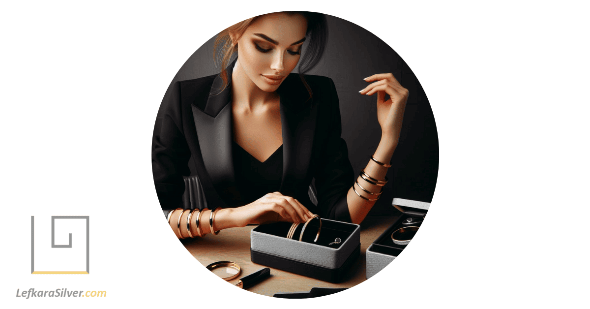 a young professional woman selecting a silver bangle from her jewelry box.
