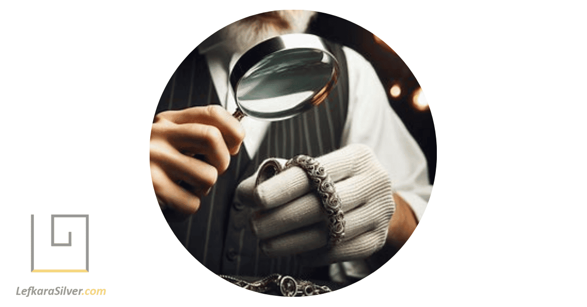 a jeweler holding a silver bracelet, magnifying glass in hand, inspecting the intricate details of the bracelet.
