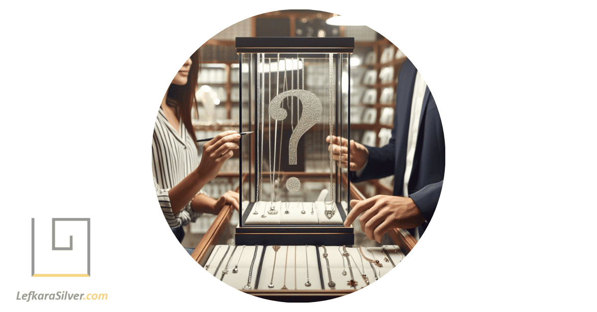 a customer consulting with a salesperson over a display of various silver chains, with a question mark etched into the glass display case.