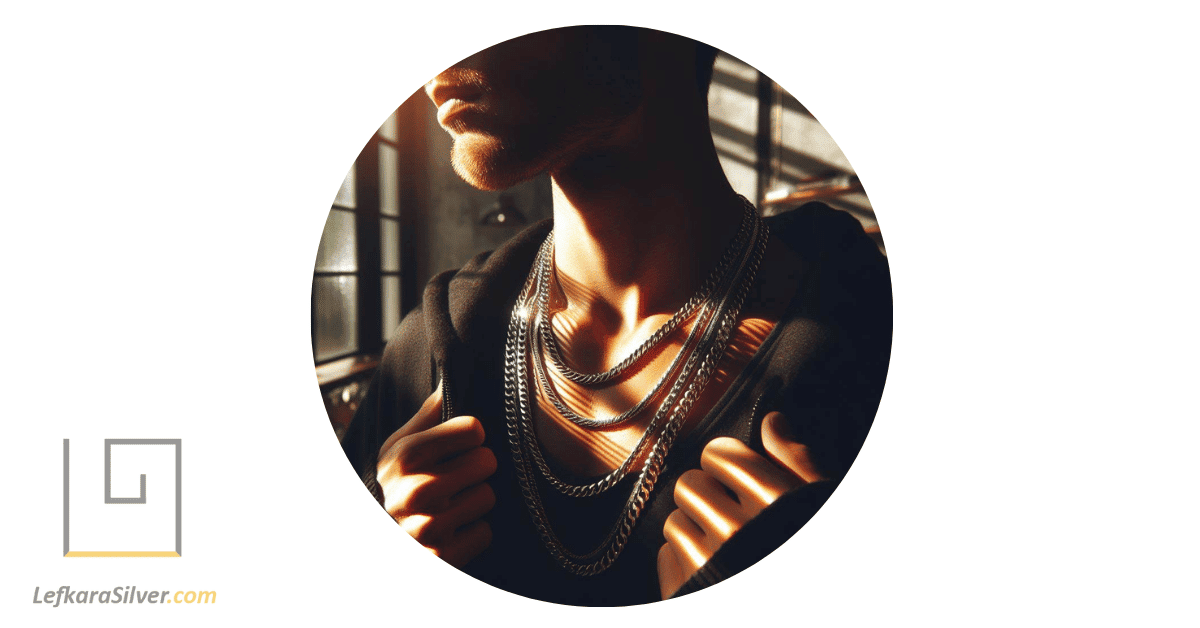 a person wearing a layered silver chain necklace, reflecting light brilliantly as they stand in a sunlit room.
