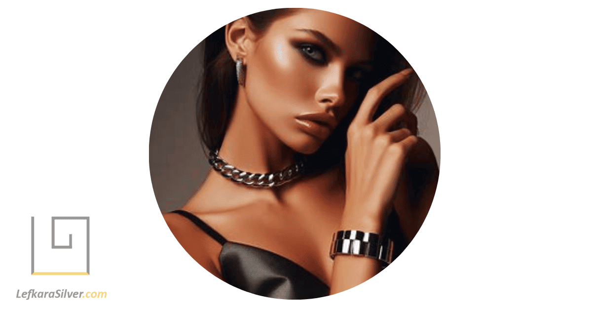 a fashion model striking a pose with a bold silver Cuban link bracelet adorning her wrist.
