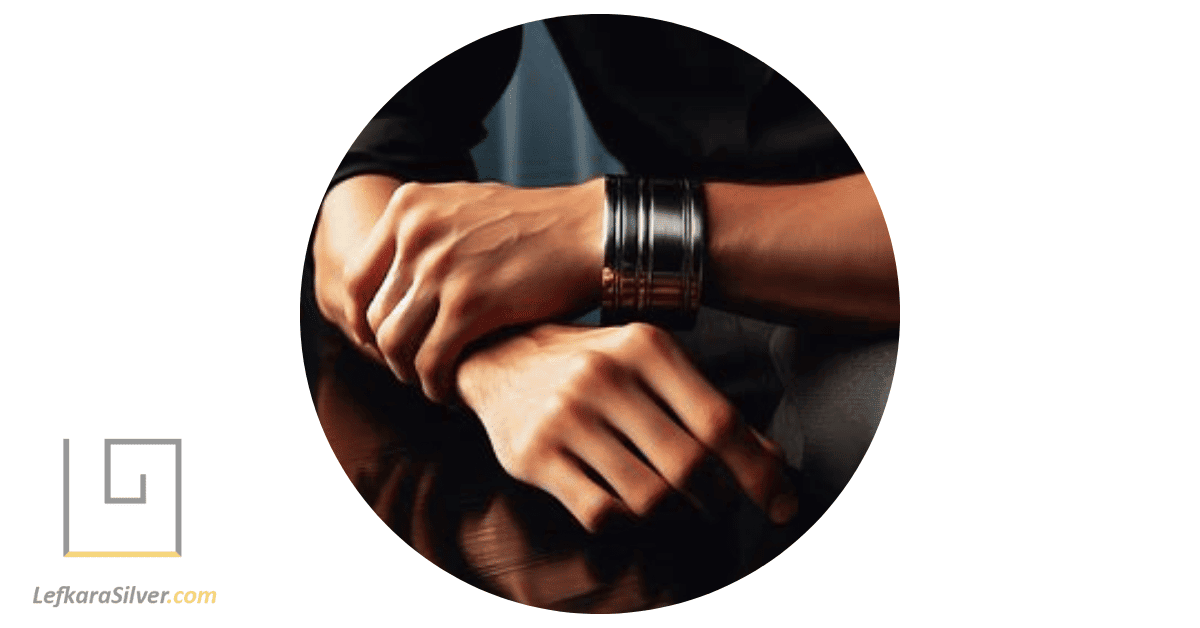 a man wearing a silver cuff bracelet, his hand resting on a table, the bracelet catching the light.
