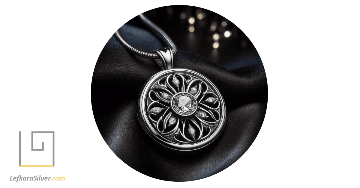 a close-up on a silver diamond pendant against a dark velvet background.
