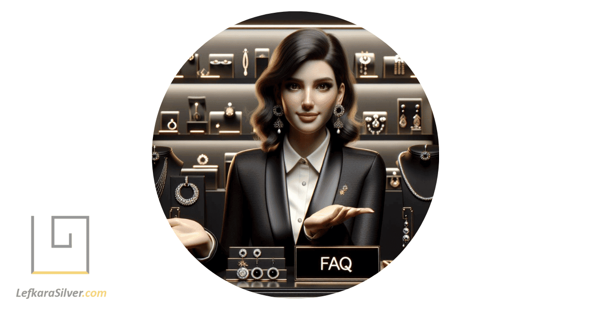 a customer service representative gesturing towards a display of silver earrings while holding an FAQ sign.