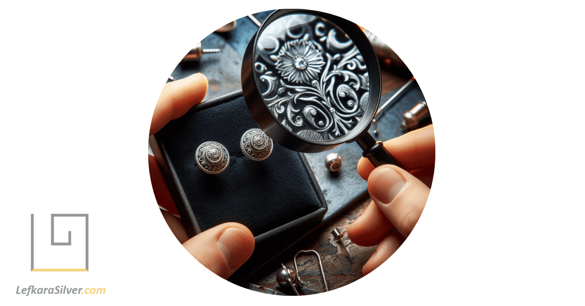 a jeweler holding a magnifying glass examining a pair of silver stud earrings with detailed engravings.
