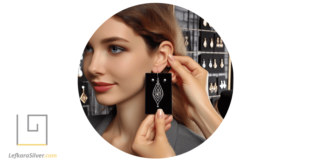 a shopper with sensitive ears trying on a pair of silver drop earrings with hypoallergenic hooks at a jewelry store.
