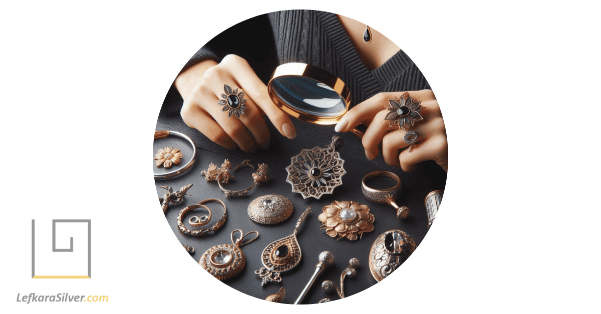 a person holding a magnifying glass over a silver set, examining the craftsmanship and details.