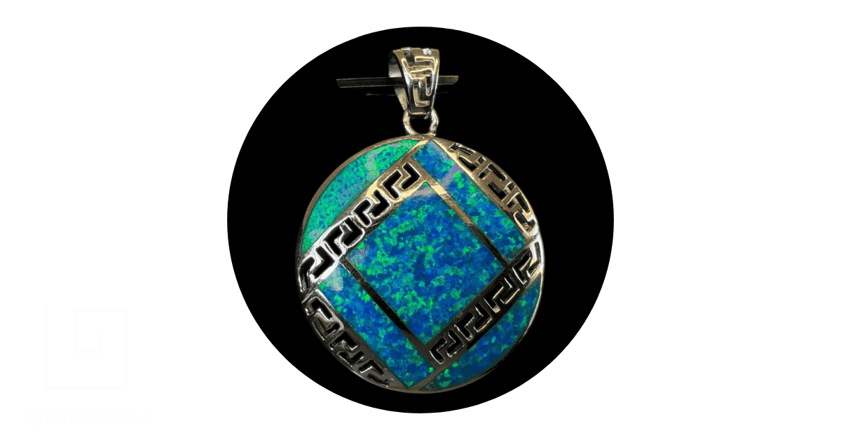 Blue Opal Pendant Grecian Medallion Silver Jewelry