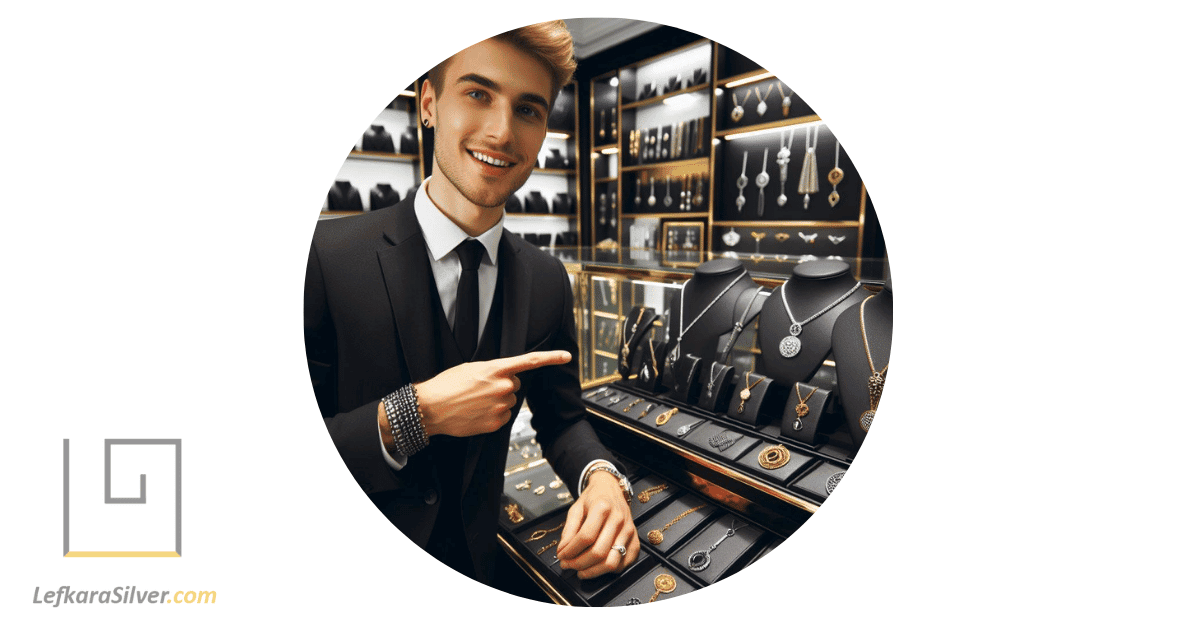 a customer service representative pointing to a display of various silver pendants.