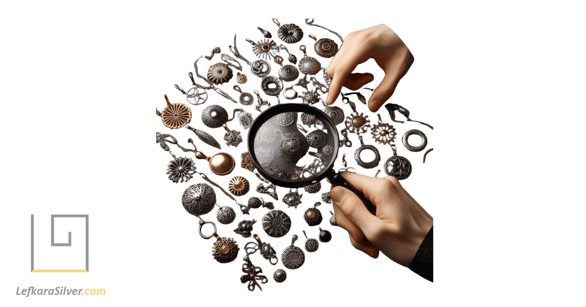 a person holding a magnifying glass over a collection of silver pendants.
