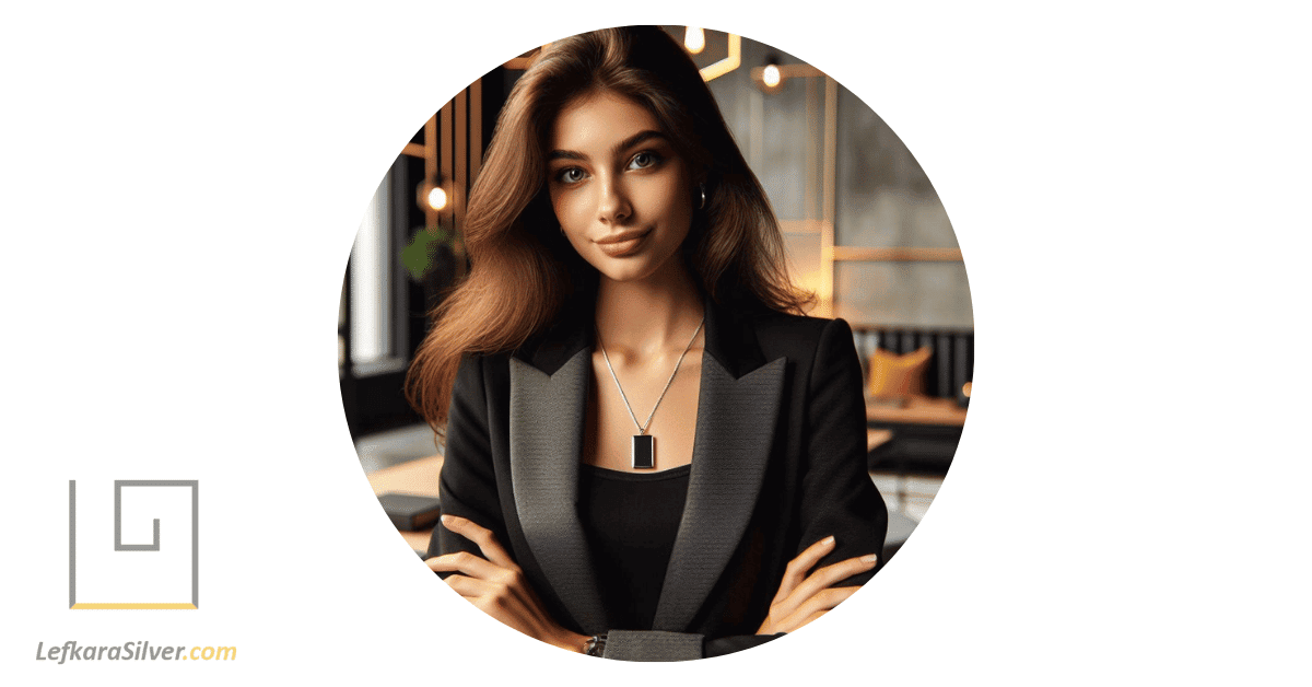 a young female entrepreneur wearing a sleek silver pendant at a modern office.
