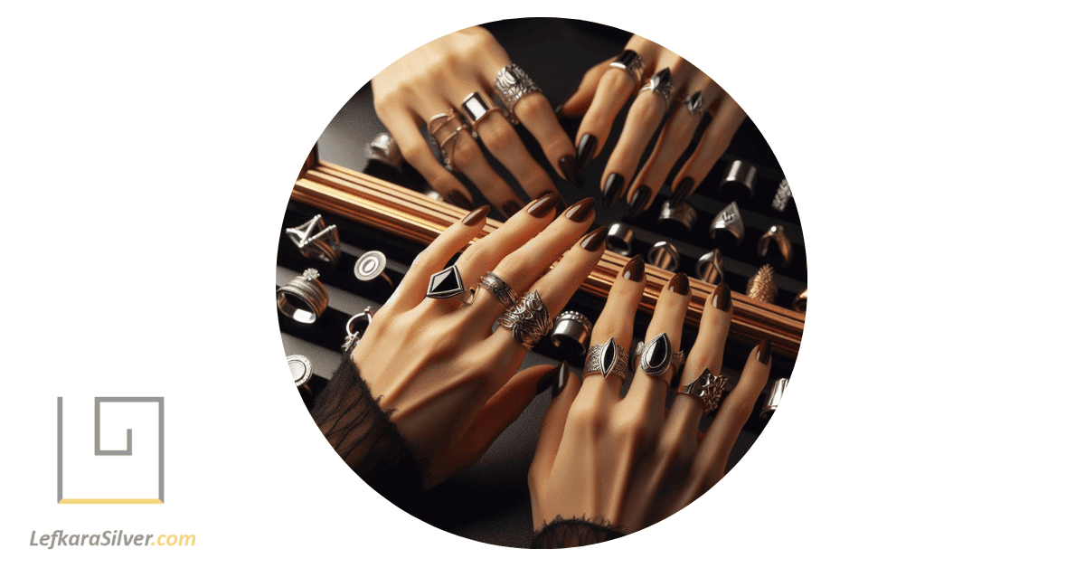 a woman trying on various silver ring designs in front of a mirror.
